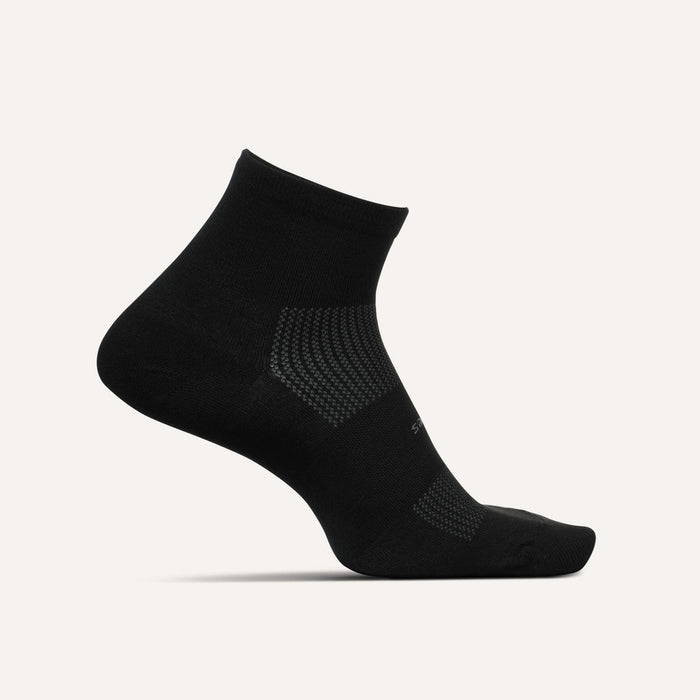 Feetures High Performance Max Cushion Quarter socks in black with cushioned sole and breathable fabric, side view