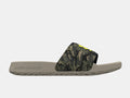 Under Armour Ignite Select Camo slide sandals, camo-pattern strap with bold yellow logo and tan cushioned sole, side view.