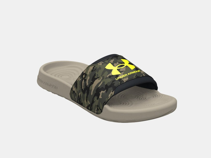 Under Armour Ignite Select Camo slides featuring a camouflage strap with yellow logo and beige contoured footbed, angled front view.