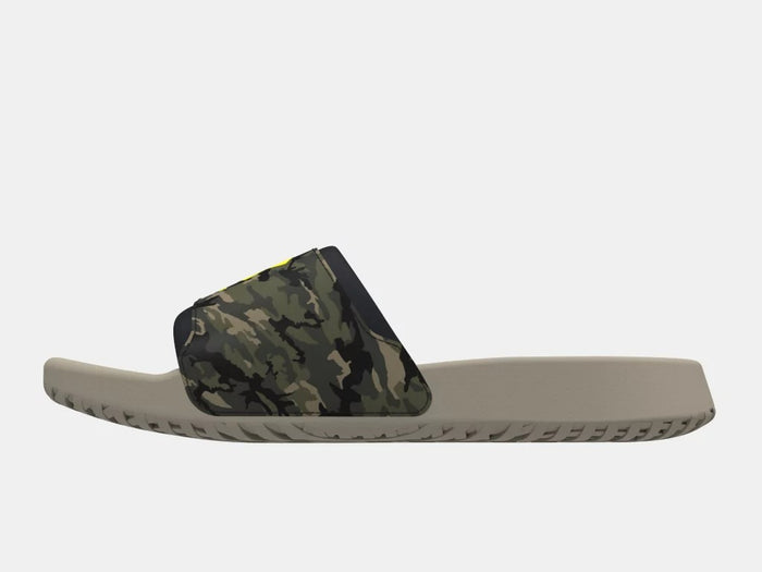 Under Armour Ignite Select Camo slides in beige with camouflage strap and textured sole, side view.