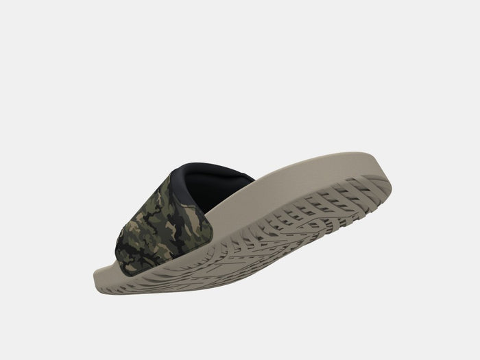 Under Armour Ignite Select Camo slides with camouflage strap and textured beige outsole, side angle view.