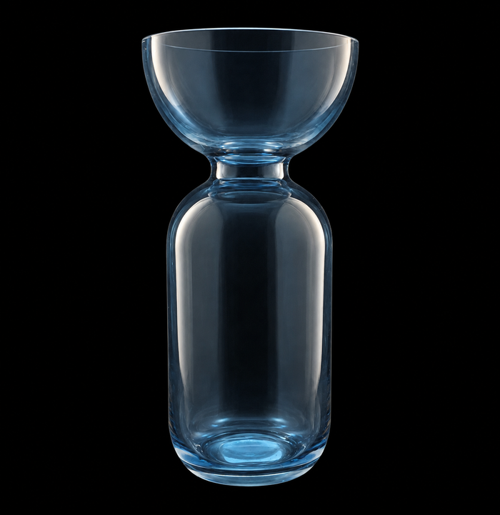 A translucent light blue glass vase with a wide, rounded bowl-like top and a cylindrical body, shown against a solid black background.