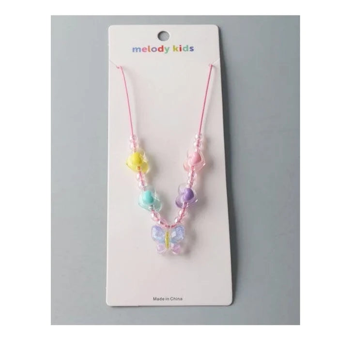 Kids Pastel Butterfly Necklace for Girls – Colorful Heart Beaded Pendant Jewelry – Cute Toddler & Child Accessory – Pink Cord (Style NKK373)