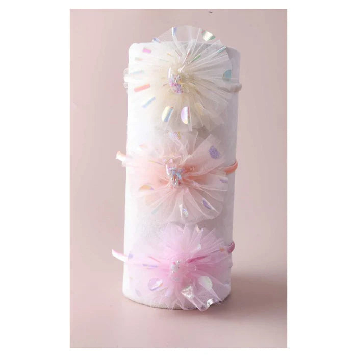 Kids Pink Tulle Pom-Pom Headband - Iridescent Sparkle Hair Accessory (FHK1401)