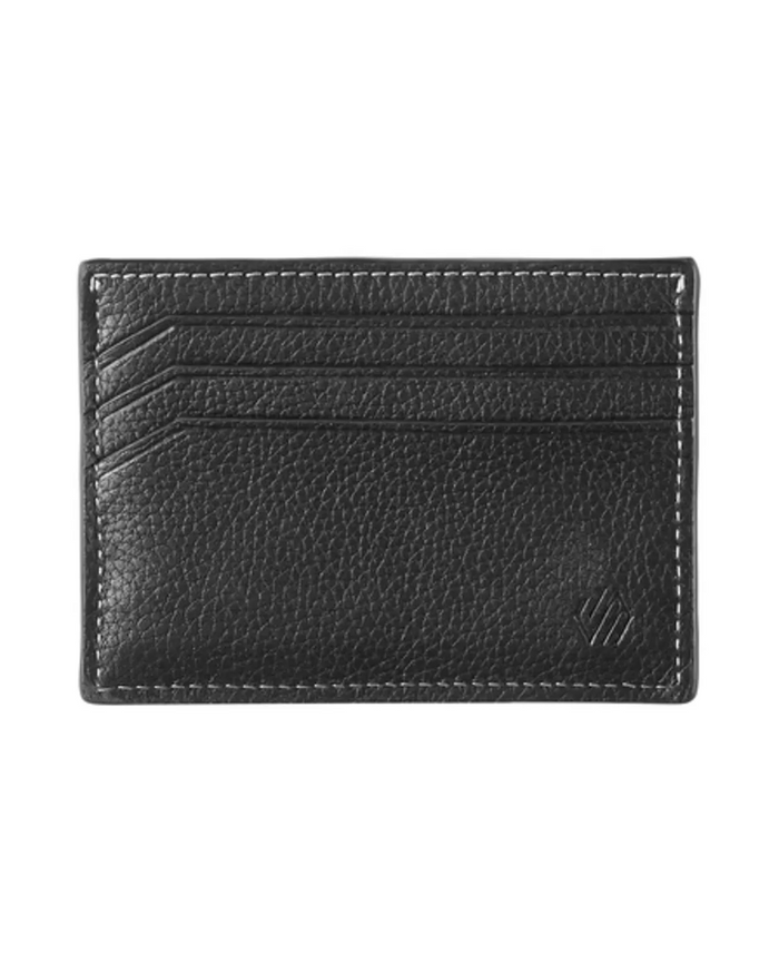 Johnston & Murphy Kingston Weekender Case in black textured leather with multiple card slots and stitched edges, front view.