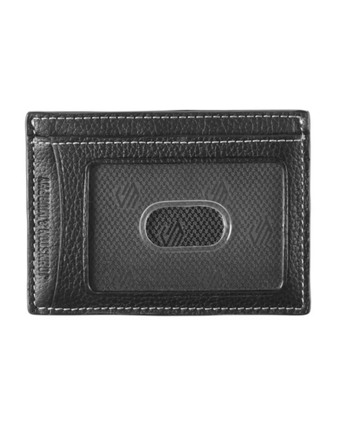 Johnston & Murphy Kingston Weekender Case in black leather with textured finish, top stitching, and ID window, front view.