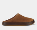 OluKai Ku'u slip-on shoes in rich brown leather with stitched detailing and a rounded toe, side view.