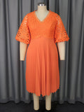 Lace Hollow Pattern Puff Sleeve V-neck Slimming A Swing Elegant Pleated Dress