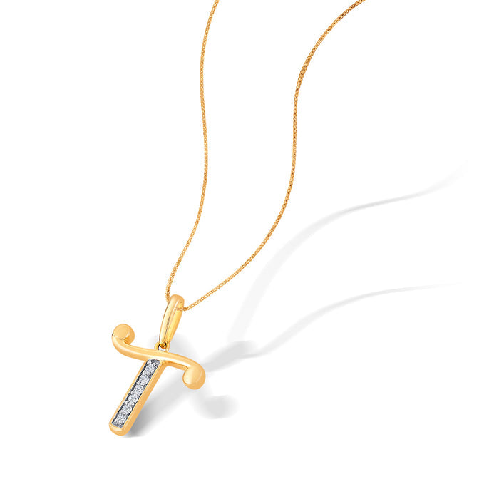 Letter T Yellow Gold & Diamond Casual Pendant
