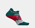 Feetures Limited Edition "Merry & Bright" Elite Light Cushion No Show Tab Socks, festive green, red, and gray design with colorful holiday lights, side view.