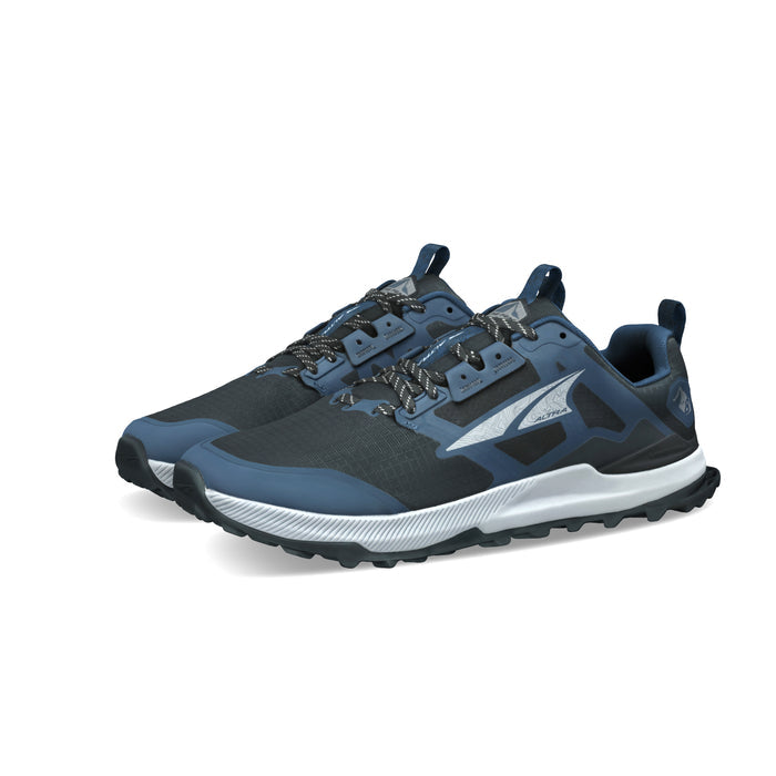 Pair of blue and black athletic shoes with trail-ready soles