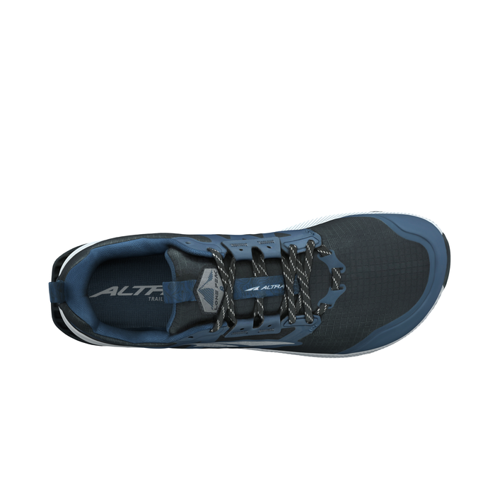 Top view of a blue athletic shoe with black and gray details