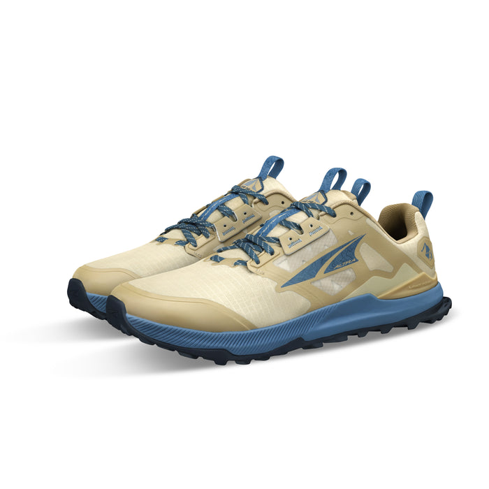 Pair of beige and blue trail running shoes