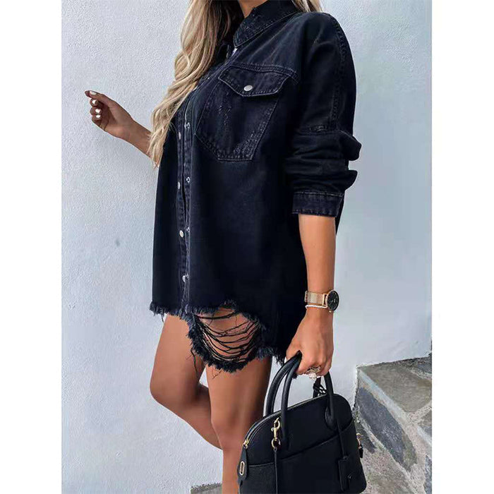 Long-Sleeved Women'S Jacket Ripped Denim Jacket Top