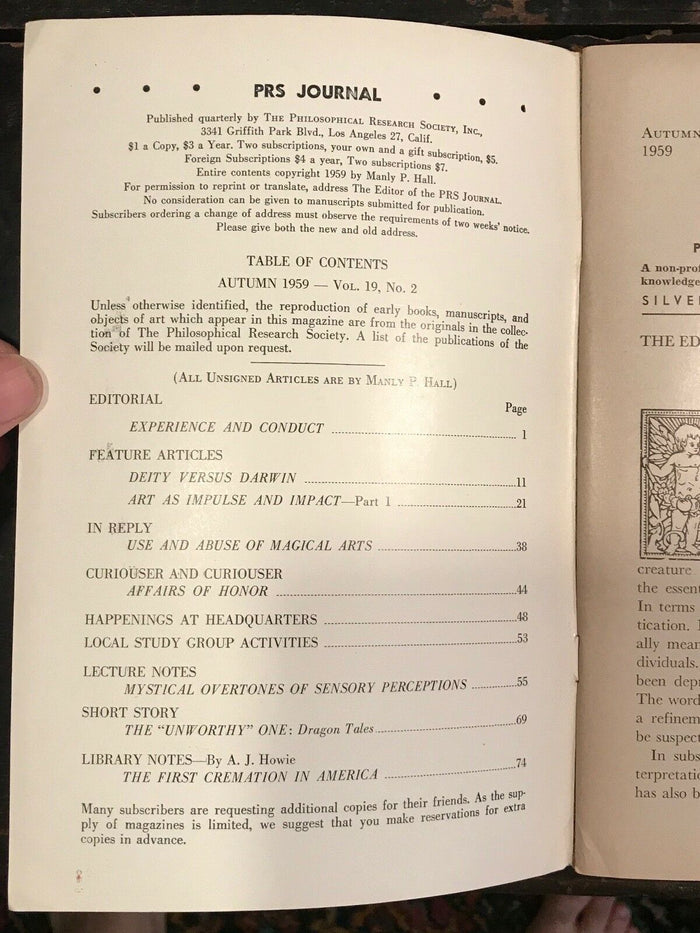 MANLY P. HALL, PHILOSOPHICAL RESEARCH SOCIETY JOURNAL - Full Year, 4 Issues 1959