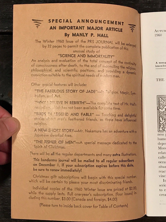 MANLY P. HALL, PHILOSOPHICAL RESEARCH SOCIETY JOURNAL - Full Year, 4 Issues 1960