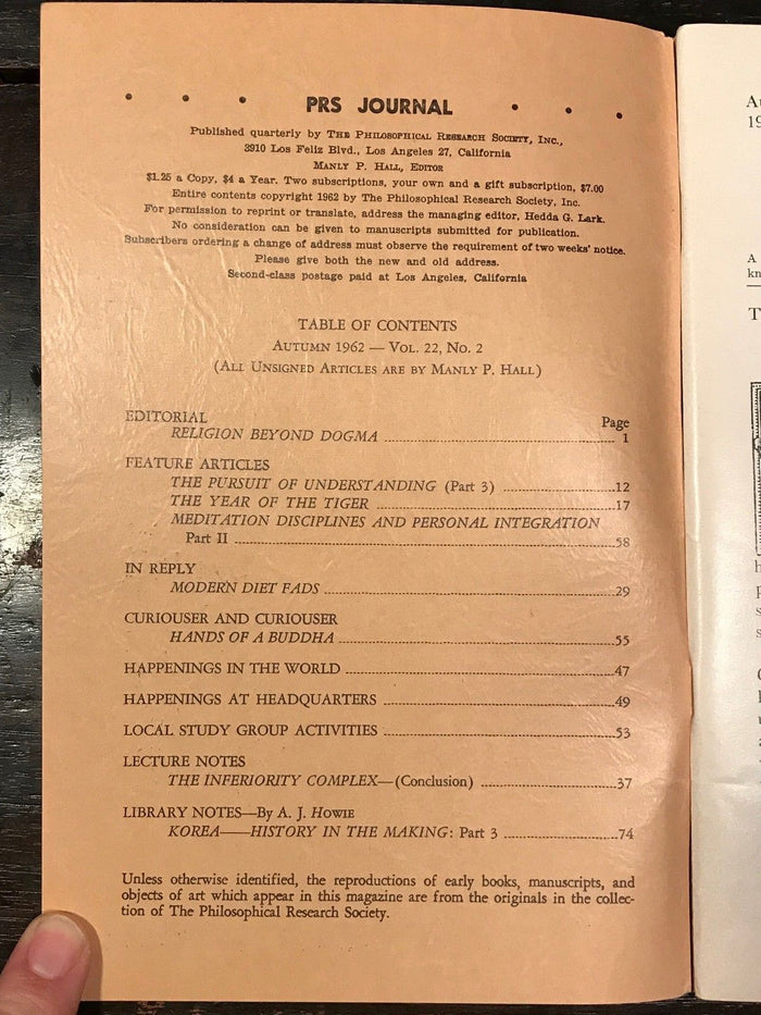 MANLY P. HALL, PHILOSOPHICAL RESEARCH SOCIETY JOURNAL - Full Year, 4 Issues 1962