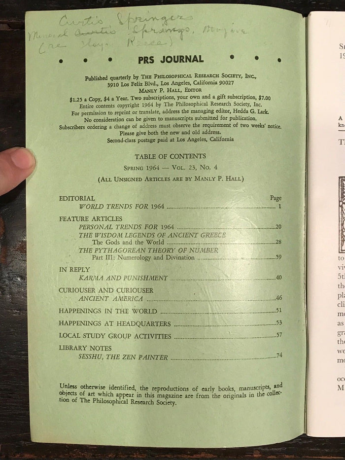 MANLY P. HALL, PHILOSOPHICAL RESEARCH SOCIETY JOURNAL - Full Year, 4 Issues 1964
