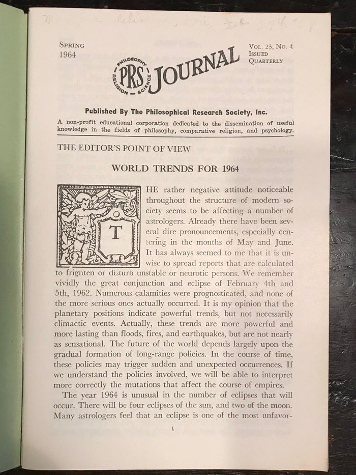 MANLY P. HALL, PHILOSOPHICAL RESEARCH SOCIETY JOURNAL - Full Year, 4 Issues 1964
