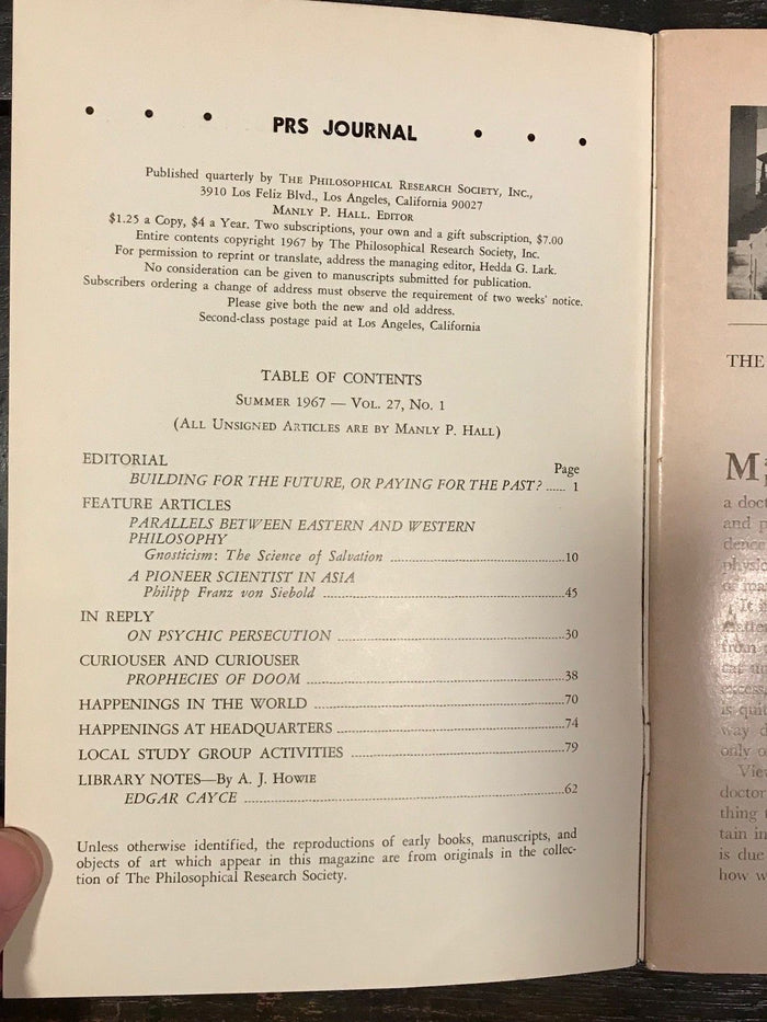 MANLY P. HALL, PHILOSOPHICAL RESEARCH SOCIETY JOURNAL - Full Year, 4 Issues 1967