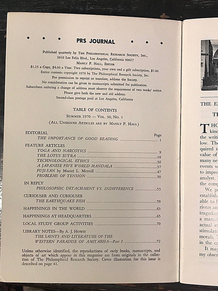 MANLY P. HALL, PHILOSOPHICAL RESEARCH SOCIETY JOURNAL - Full Year, 4 Issues 1970