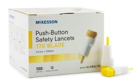 McKesson 16-PBSL17G Safety Lancet Fixed Depth Lancet Blade 2.0 mm Depth 17 Gauge Push Button. Box of 100
