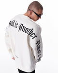 Martin Valen men's white oversized sweatshirt 'Another World's Hell', rear three-quarter view showing large black gothic back print