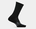 Feetures Merino 10 Max Cushion Crew socks in black featuring ribbed upper and reinforced cushioning, side view.