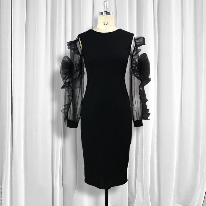 Mesh Flower Long Sleeve Slim Wrapped Pencil Skirt