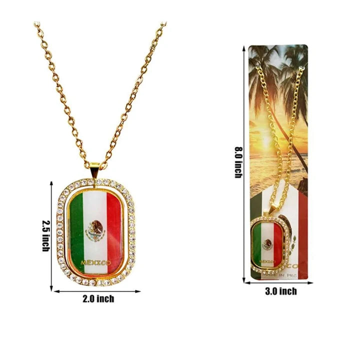 Mexican Flag Spinner Pendant Necklace – Gold-Tone Rhinestone Statement Jewelry (JH243482)