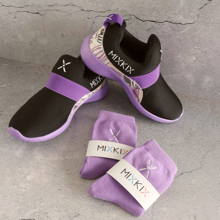Matching kids sneaker and cotton sock set, coordinated footwear for ages 2 to 7.
