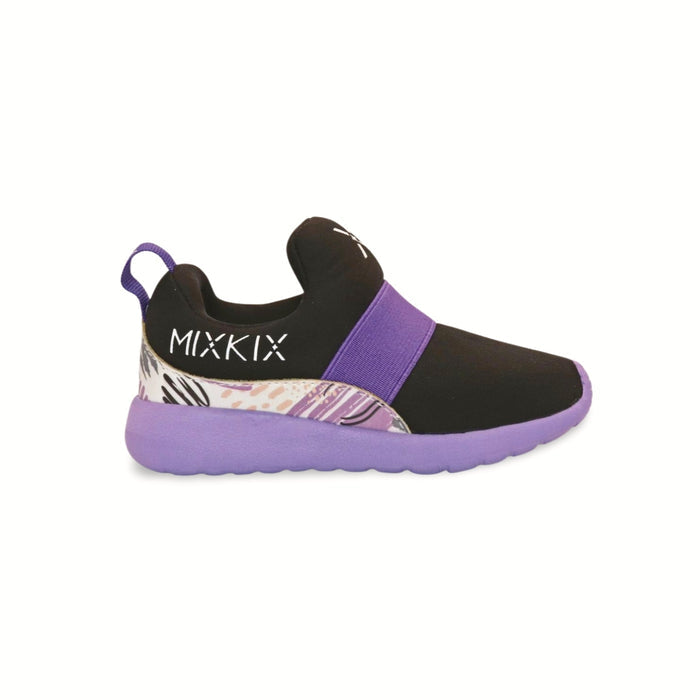 Mix Kix black and purple 90s style kids slip-on sneakers with bold patterns and supportive cushioning.