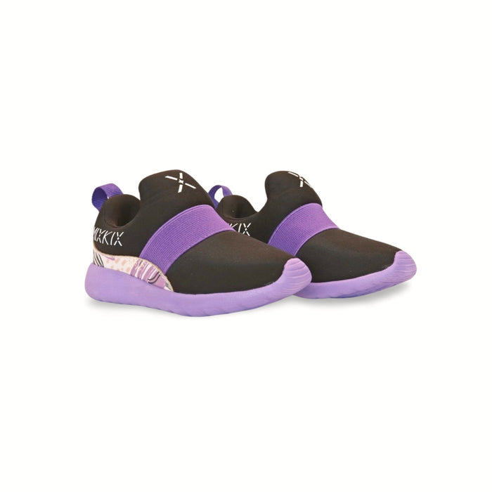 Black and purple 90s style kids slip-on sneakers with bold patterns and supportive cushioning.