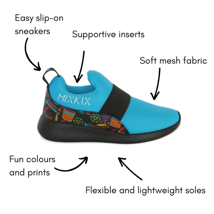 Blue slip-on sneaker with features and benefits labeled on a white background