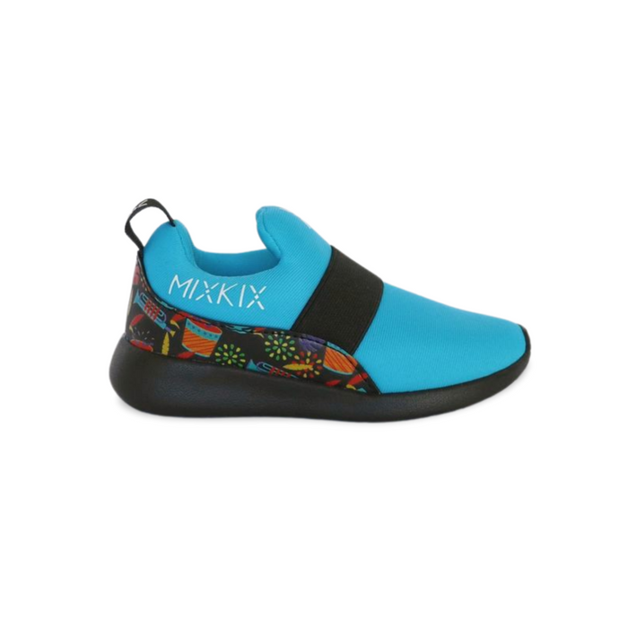 Aqua blue musical instrument print sneakers for kids, easy slip-on toddler footwear.