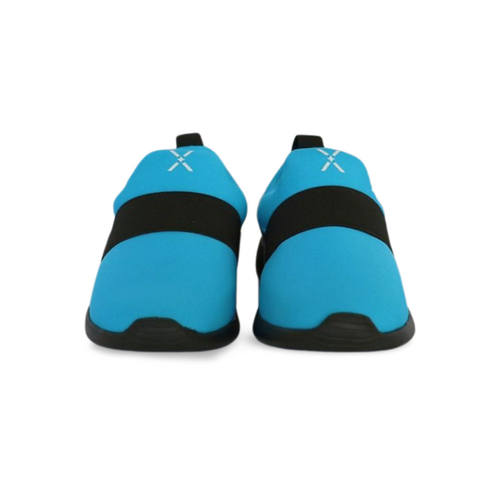 Aqua blue musical instrument print sneakers for kids, easy slip-on toddler footwear.