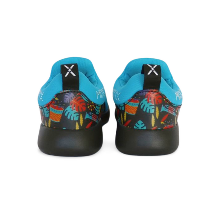 Aqua blue musical instrument print sneakers for kids, easy slip-on toddler footwear by Mix Kix.