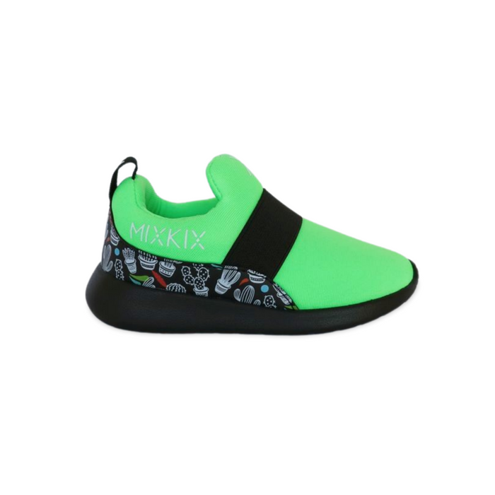 Green slip-on kids sneakers with cactus print and flexible rubber soles.
