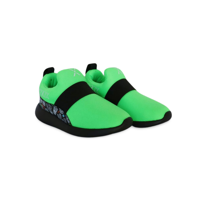 Green slip-on kids sneakers with cactus print and flexible rubber soles.