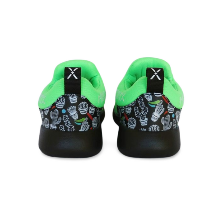 Green slip-on kids sneakers with cactus print and flexible rubber soles.
