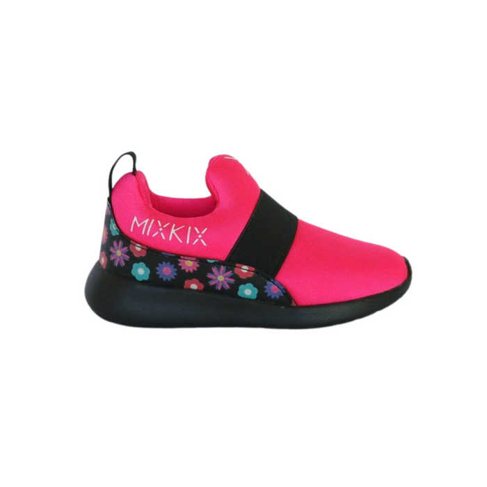 Bright pink floral slip-on sneakers for toddlers, machine washable kids shoes by Mix Kix.