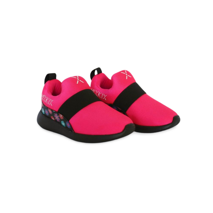 Bright pink floral slip-on sneakers for toddlers, machine washable kids shoes.