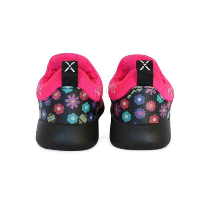 Bright pink floral slip-on sneakers for toddlers, machine washable with flexible soles for kids growing feet.