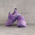 Retro purple geometric print kids sneakers, 90s style slip-on shoes for toddlers.