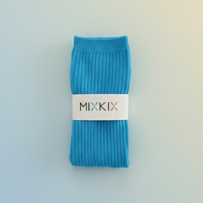 Blue cotton sock with a 'MIXIX' label on a light blue background for kids and toddlers