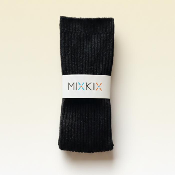 Black sock with a 'MIXKIX'  one size for kids 2 to 7.