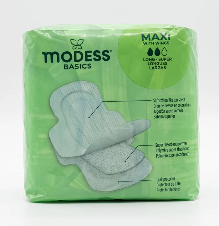 Modess Basics Maxi Sanitary Pads with Wings, Long Super Absorbency (9 Count) – Fragrance-Free