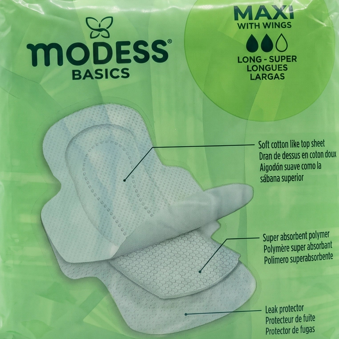 Modess Basics Maxi Sanitary Pads with Wings, Long Super Absorbency (9 Count) – Fragrance-Free