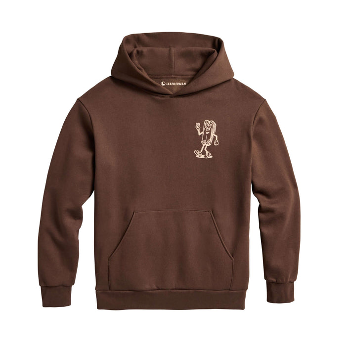 Front of the brown Mr Wave pullover hoodie showing a small mascot designed like the leatherman Wave