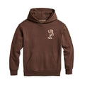 Front of the brown Mr Wave pullover hoodie showing a small mascot designed like the leatherman Wave